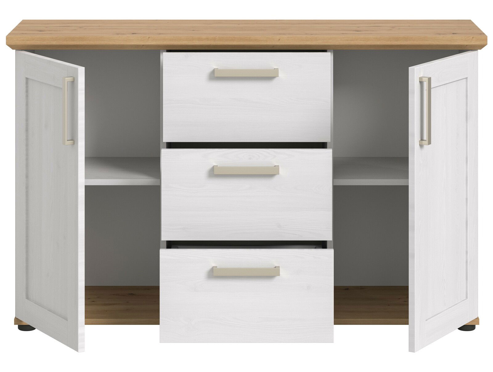 Weißes Sideboard mit drei Schubladen und zwei offenen Türen, Ansicht von vorne