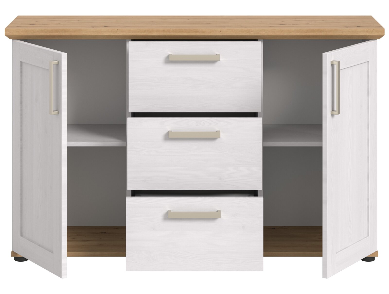 Weißes Sideboard mit drei Schubladen und zwei offenen Türen, Ansicht von vorne