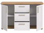 Weißes Sideboard mit drei Schubladen und zwei offenen Türen, Ansicht von vorne