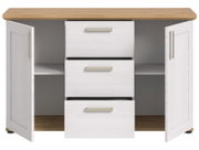 Weißes Sideboard mit drei Schubladen und zwei offenen Türen, Ansicht von vorne