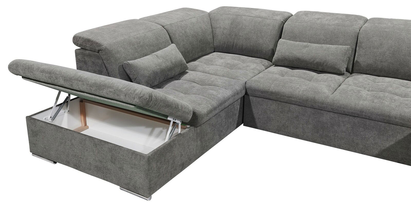 Graue Ecksofa mit Stauraum, Ansicht von schräg oben