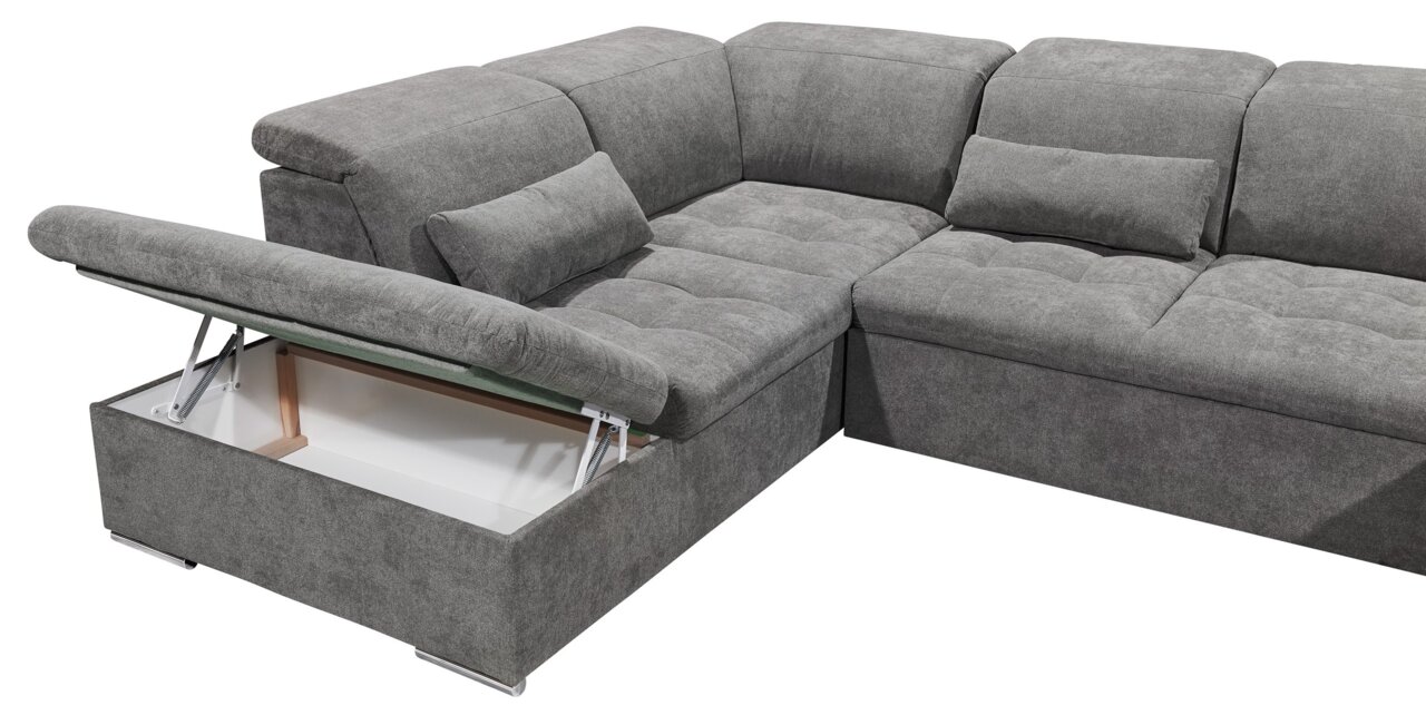 Graue Ecksofa mit Stauraum, Ansicht von schräg oben
