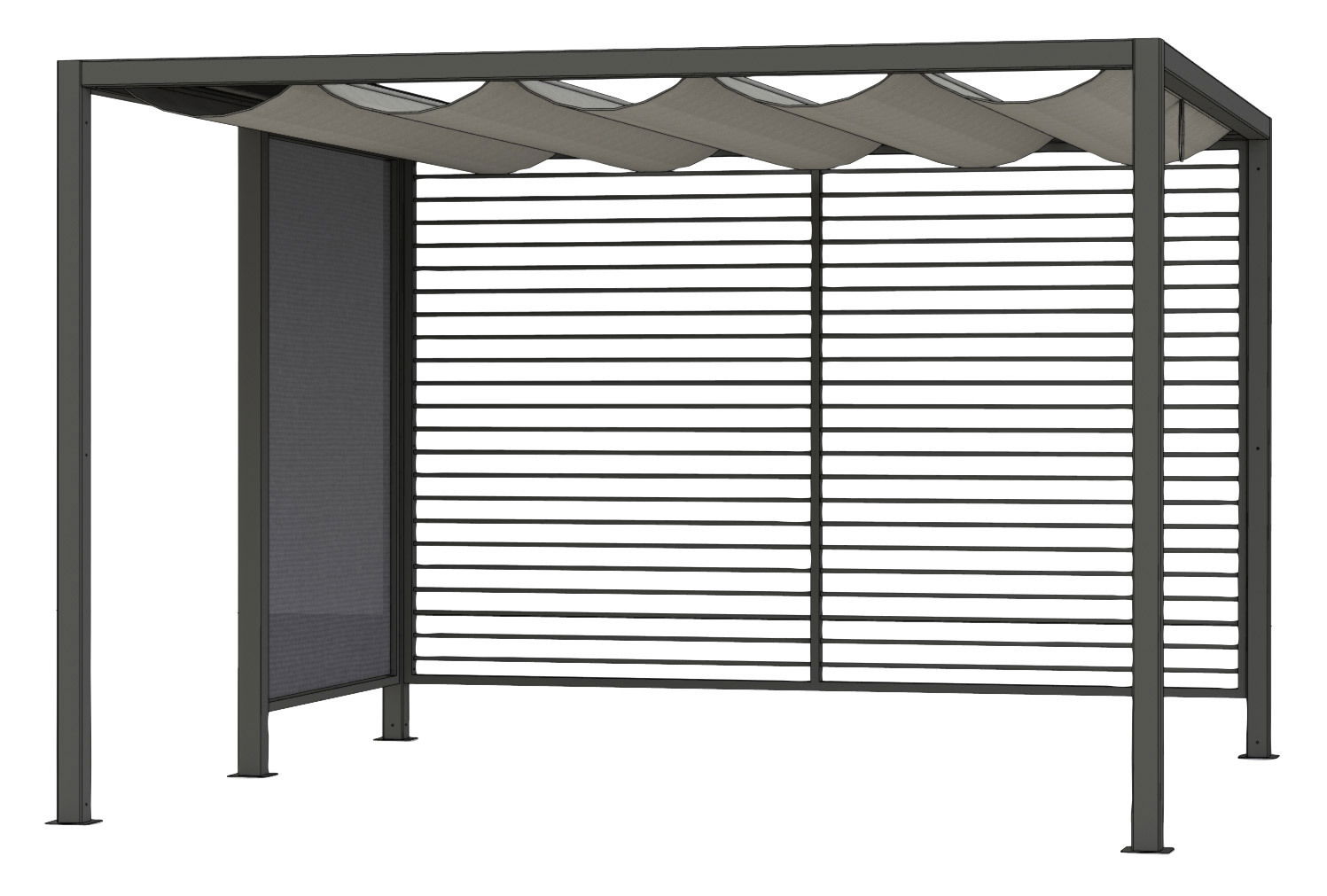 Moderner Sichtschutz aus Aluminium mit Lamellen und einem wellenförmigen Dach, seitliche Perspektive.