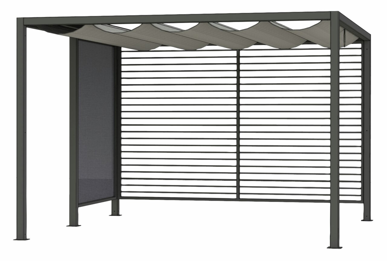 Moderne privacyafscherming van aluminium met lamellen en een golvend dak, gezien vanaf de zijkant.