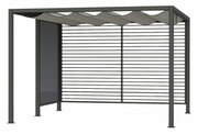Moderne privacyafscherming van aluminium met lamellen en een golvend dak, gezien vanaf de zijkant.