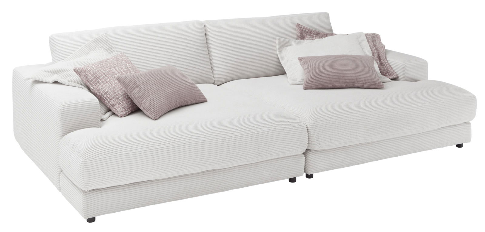 Megasofa klein in weißer Cordoptik mit mehreren Kissen, seitliche Perspektive