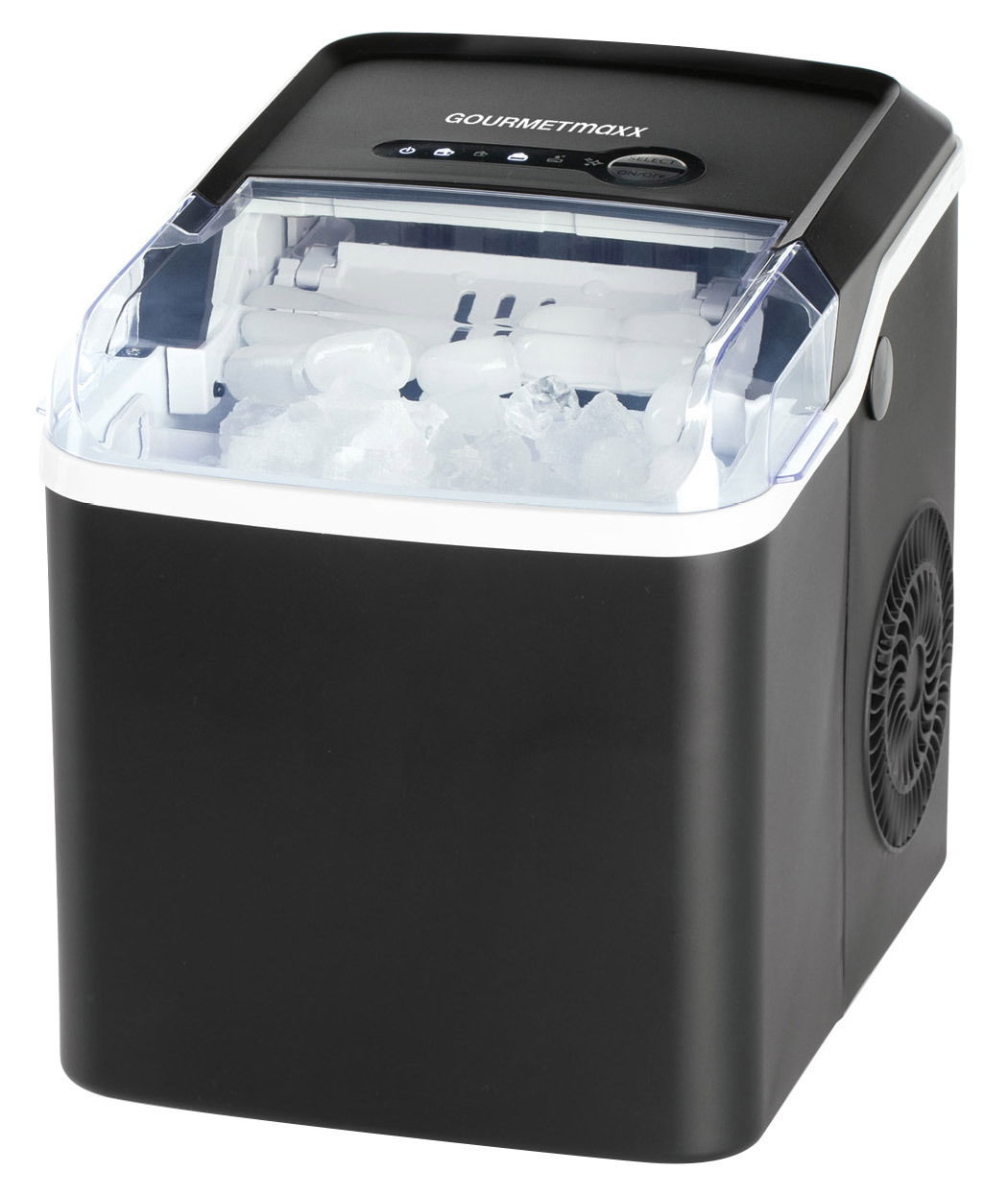 Schwarzer Eiswürfelbereiter mit transparentem Deckel, gefüllt mit Eiswürfeln, aus schräger Perspektive fotografiert.