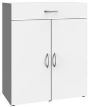 Weiße Kommode mit zwei Türen und einer Schublade, Frontansicht