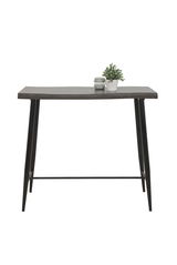 Moderner Bartisch mit dunkler Holzplatte und schwarzen Metallbeinen, frontal fotografiert. Dekoriert mit einer kleinen Pflanze und einem Glasgefäß.