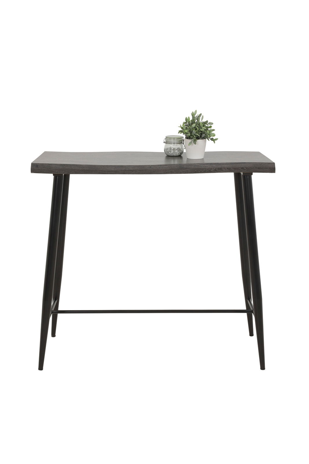 Moderner Bartisch mit dunkler Holzplatte und schwarzen Metallbeinen, frontal fotografiert. Dekoriert mit einer kleinen Pflanze und einem Glasgefäß.