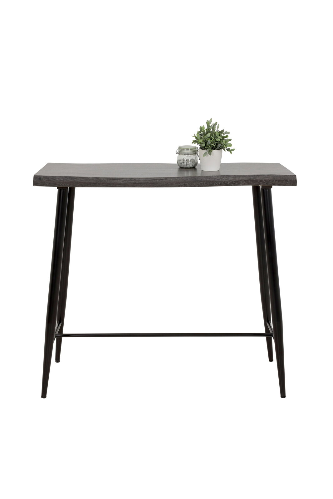Moderner Bartisch mit dunkler Holzplatte und schwarzen Metallbeinen, frontal fotografiert. Dekoriert mit einer kleinen Pflanze und einem Glasgefäß.