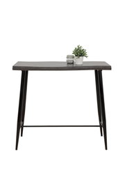 Moderner Bartisch mit dunkler Holzplatte und schwarzen Metallbeinen, frontal fotografiert. Dekoriert mit einer kleinen Pflanze und einem Glasgefäß.