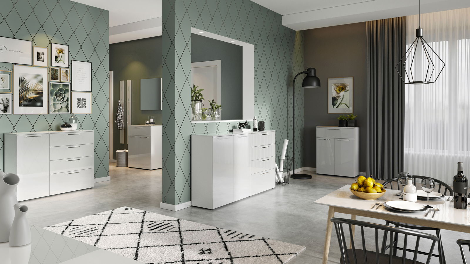 Moderne Wohnzimmereinrichtung mit weißen Hochglanz-Kommoden, Garderobenpaneel und Spiegel in einem stilvollen Raum mit grüner Akzentwand, aus der Perspektive des Essbereichs betrachtet.