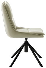 Moderner Stuhl mit gepolsterter Sitzfläche und Rückenlehne in Seitenansicht, auf schwarzem Metallgestell.