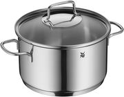 Edelstahlkochtopf mit Deckel und zwei Griffen, seitliche Perspektive