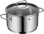 Edelstahlkochtopf mit Deckel und zwei Griffen, seitliche Perspektive