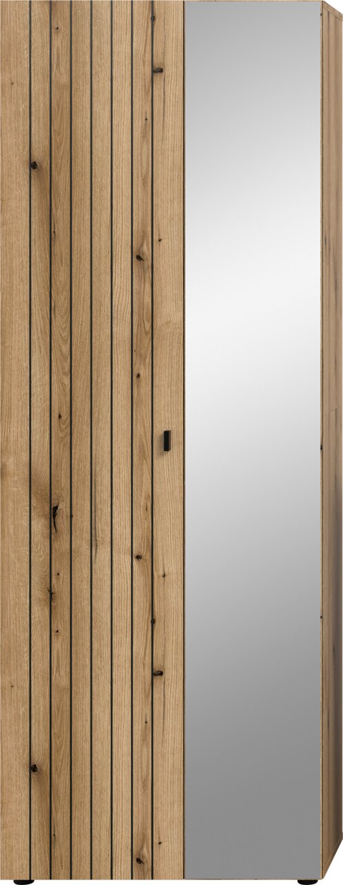 Hoher zweitüriger Kleiderschrank aus Holz mit vertikaler Lamellenoptik und schwarzem Griff, rechte Tür als Ganzkörperspiegel; frontale Ansicht leicht schräg von rechts.