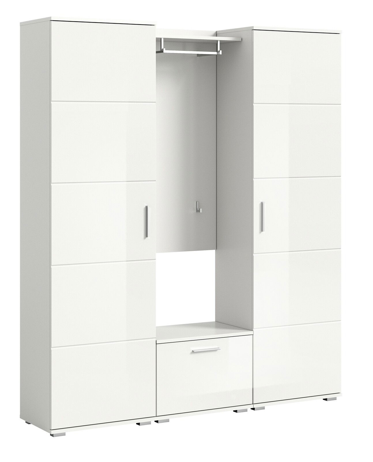 MID.YOU Garderobenkombination PREGO Weiße Garderobenkombination mit zwei hohen Schränken und einer offenen Mittelpartie mit Kleiderstange, frontal betrachtet.