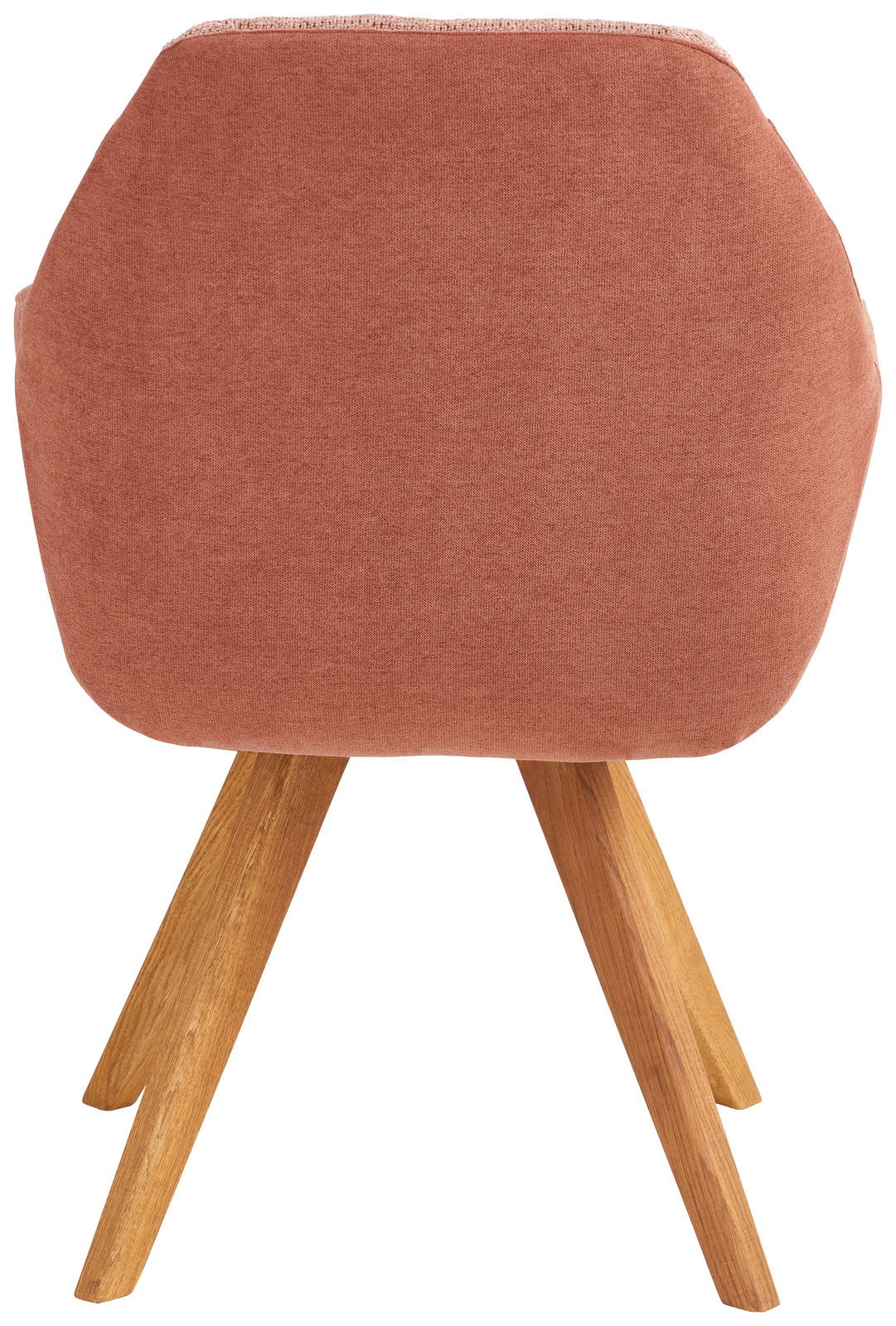 Rückansicht eines Sessels mit rötlichem Stoffbezug und Holzbeinen