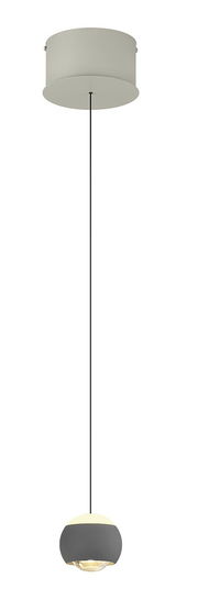 Moderne Pendelleuchte Musterring CANNON in seitlicher Ansicht, mit rundem, grauem Lampenschirm und schwarzem Kabel.