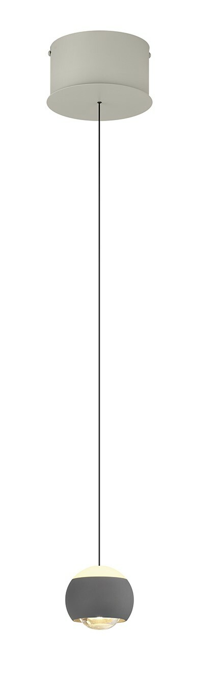 Moderne Pendelleuchte Musterring CANNON in seitlicher Ansicht, mit rundem, grauem Lampenschirm und schwarzem Kabel.
