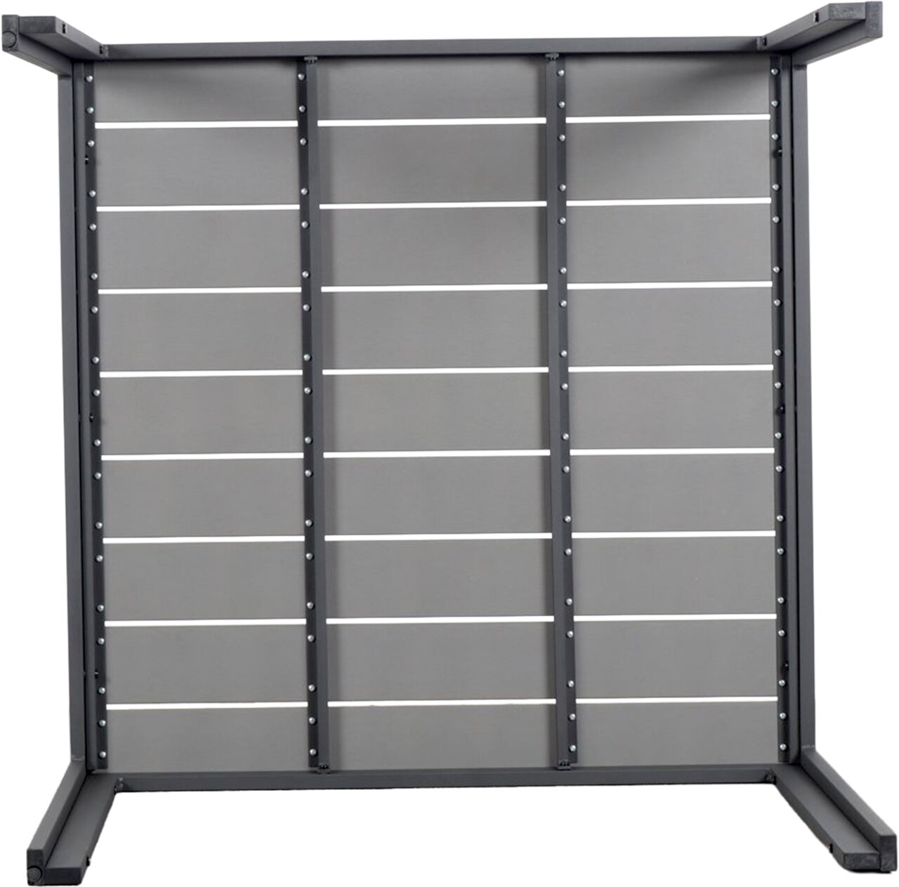 Unteransicht eines quadratischen Gartentisches mit grauen Lamellen und schwarzem Rahmen.