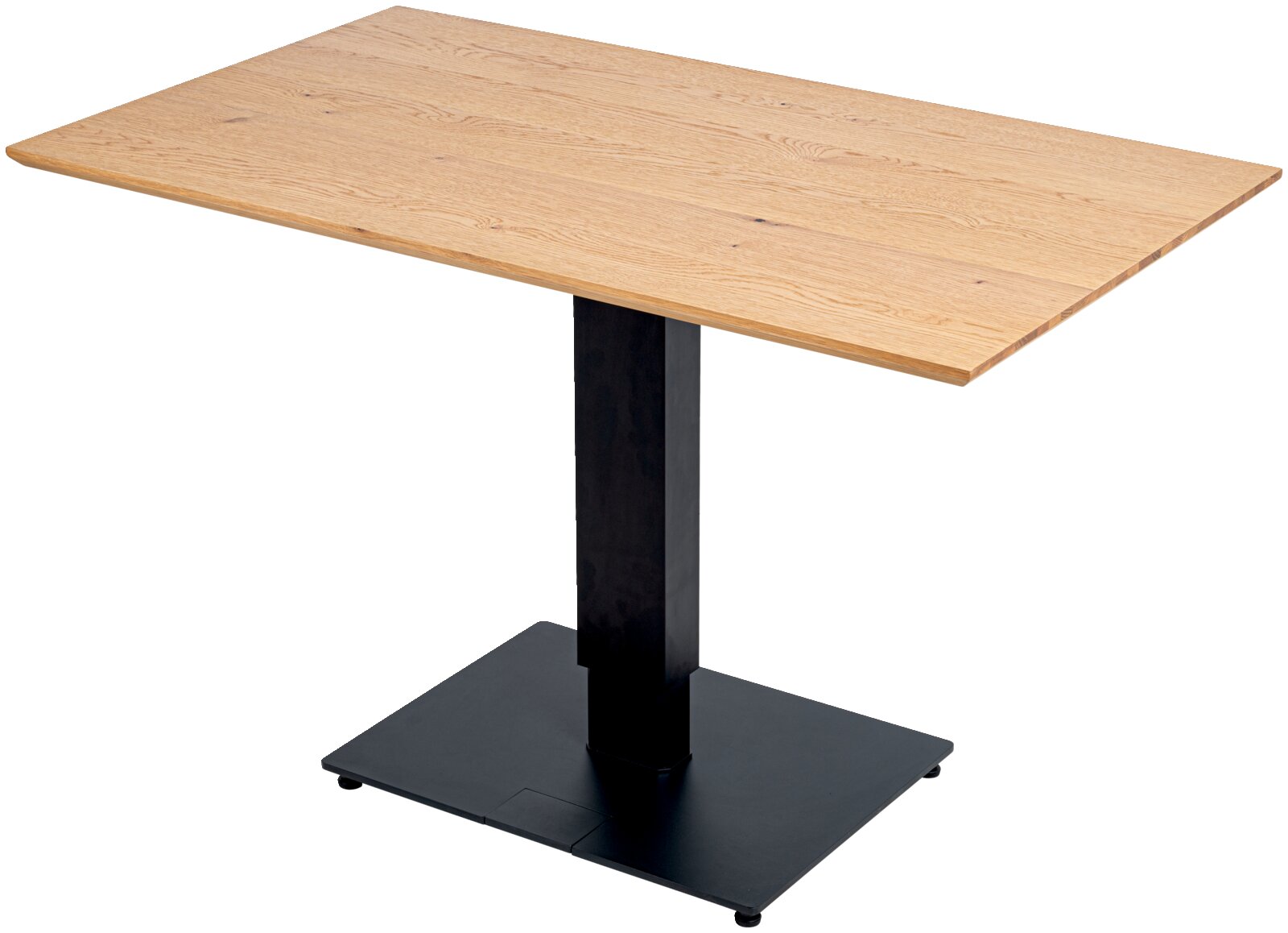 Moderne eet- en bartafel met rechthoekig houten blad en stevig zwart metalen onderstel, zijaanzicht.