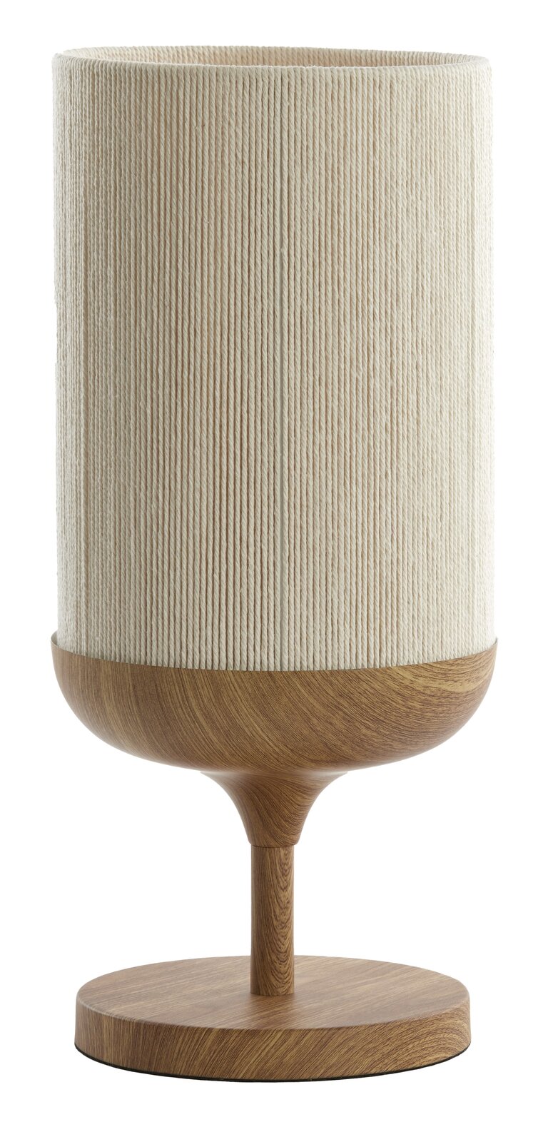 Moderne Tischlampe mit zylindrischem, cremefarbenem Stoffschirm in gerippter Optik und Holzfuß auf rundem Sockel, freigestellt auf weißem Hintergrund, Frontansicht.