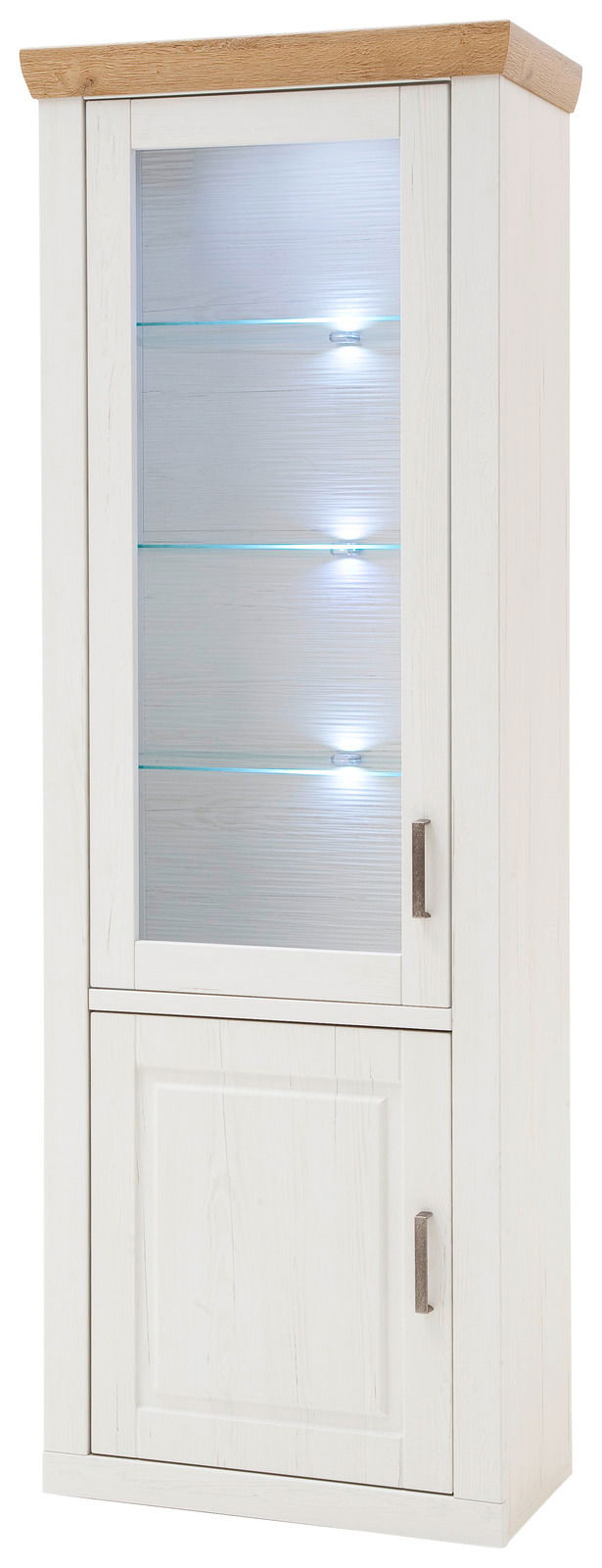 Weiße Vitrine mit Glastüren und Holzoberfläche, beleuchtet, Frontalansicht