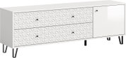 Weißes Sideboard mit geometrisch gemusterten Schubladenfronten, schwarzem Knopfgriffen und schwarzen Metallfüßen, perspektivische Ansicht schräg von vorn.