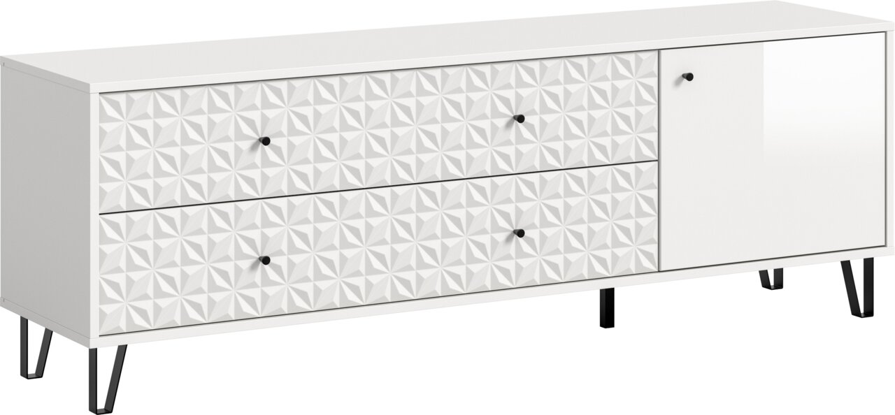 MID.YOU TV-Lowboard PRISMA Weißes Sideboard mit geometrisch gemusterten Schubladenfronten, schwarzem Knopfgriffen und schwarzen Metallfüßen, perspektivische Ansicht schräg von vorn.