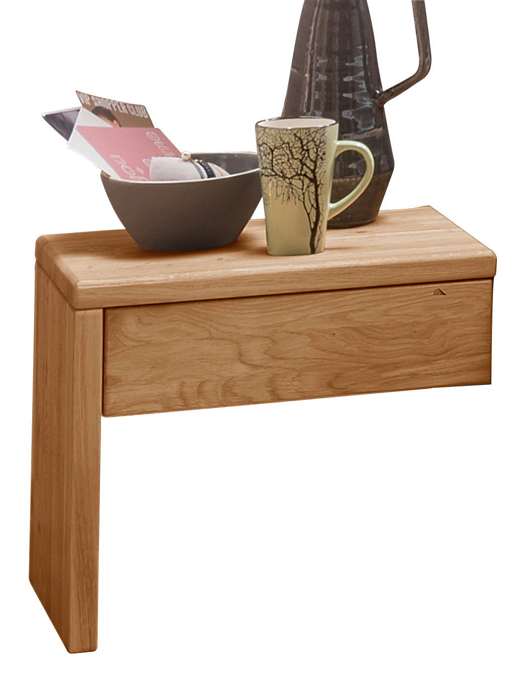 Valnatura Nachtkommode LIGNUM Nachtkommode aus Holz mit dekorativen Gegenständen darauf, seitliche Perspektive