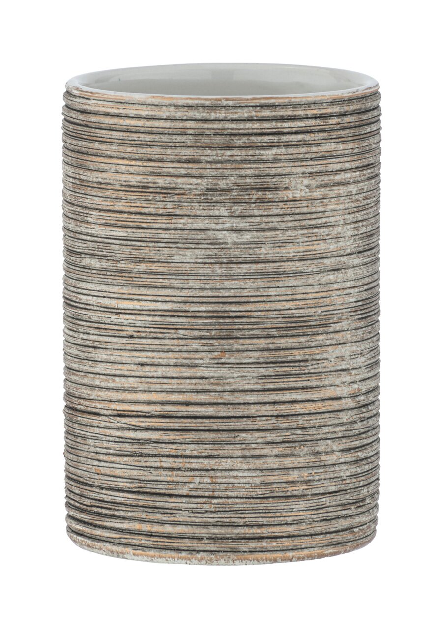 Keramik Zahnputzbecher mit horizontalen Linien in einer frontalen Perspektive