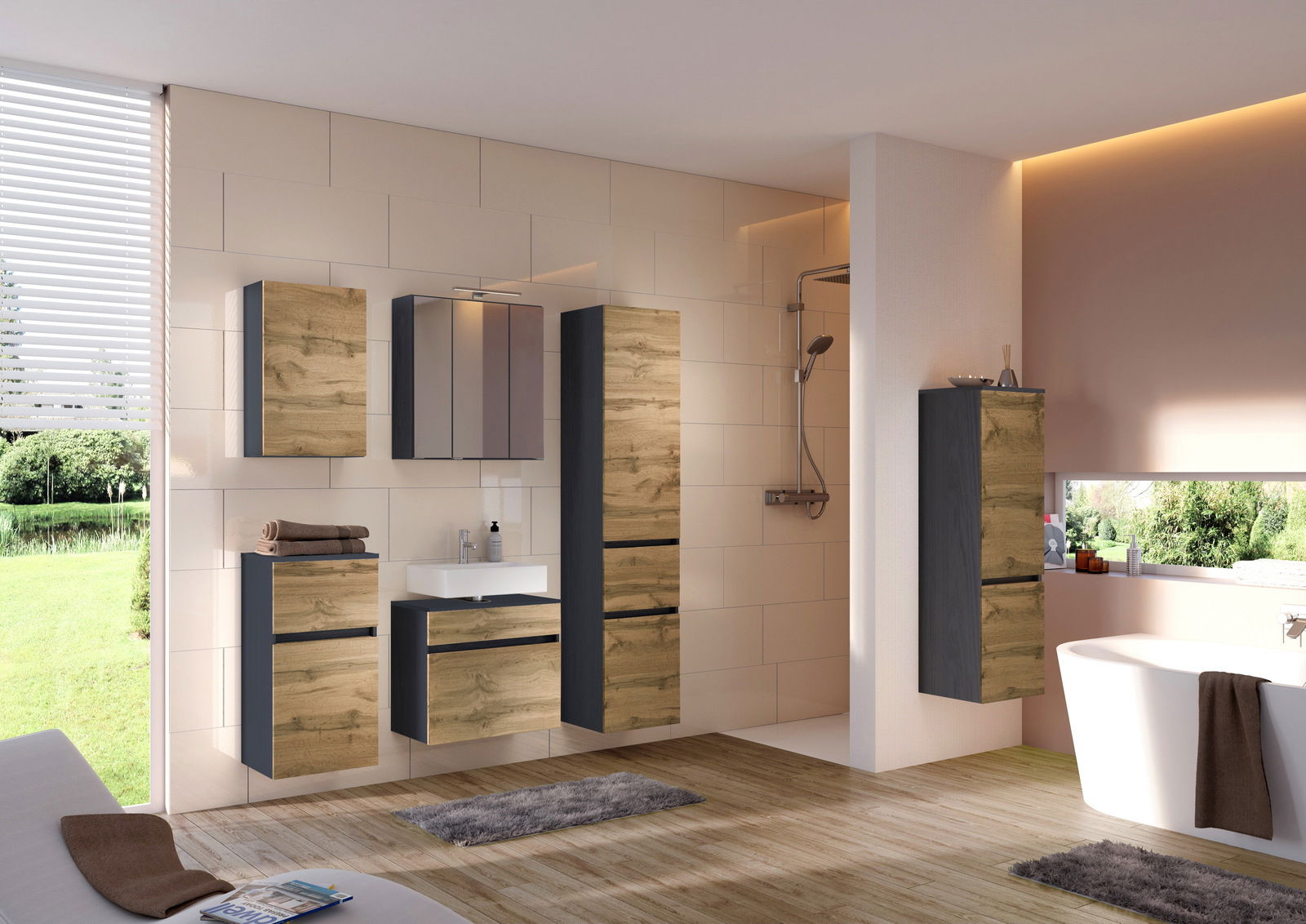 XORA Spiegelschrank LUCCA Moderner Spiegelschrank in einem stilvollen Badezimmer, frontal betrachtet, mit Holz- und dunklen Akzenten.