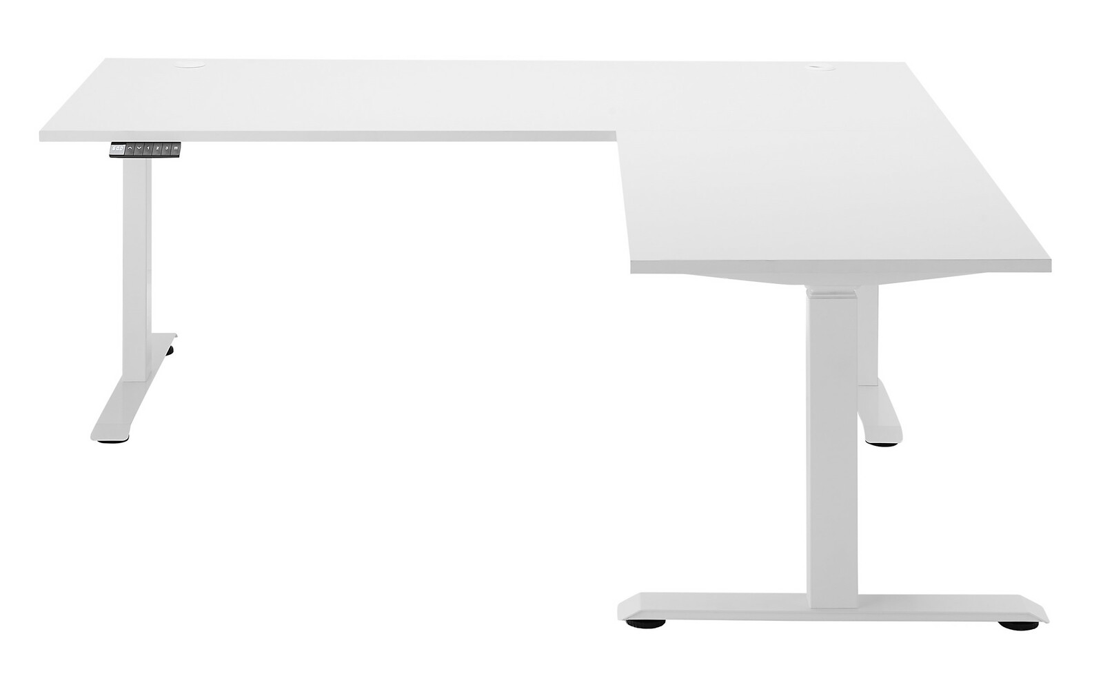 Weißer E-Eckschreibtisch mit höhenverstellbaren Beinen, frontal von vorne betrachtet.
