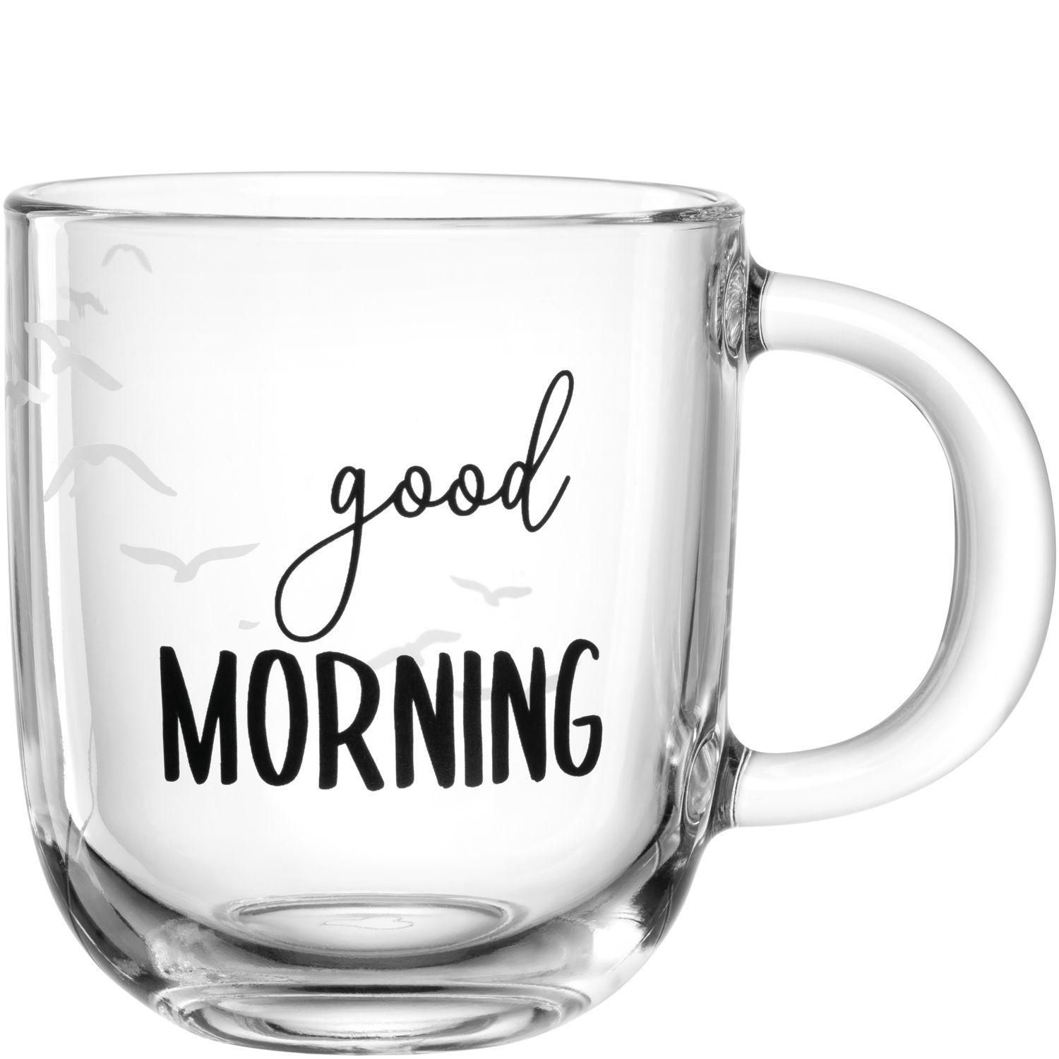 Transparente Tasse mit der Aufschrift 'good MORNING' und Vogelmotiven, seitliche Perspektive