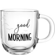 Transparente Tasse mit der Aufschrift 'good MORNING' und Vogelmotiven, seitliche Perspektive