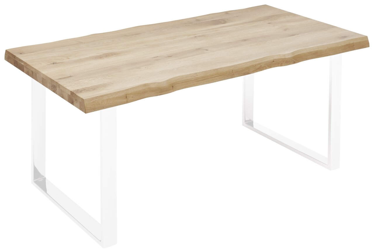 Holztischplatte mit natürlicher Kante und weißen Metallbeinen, seitliche Perspektive