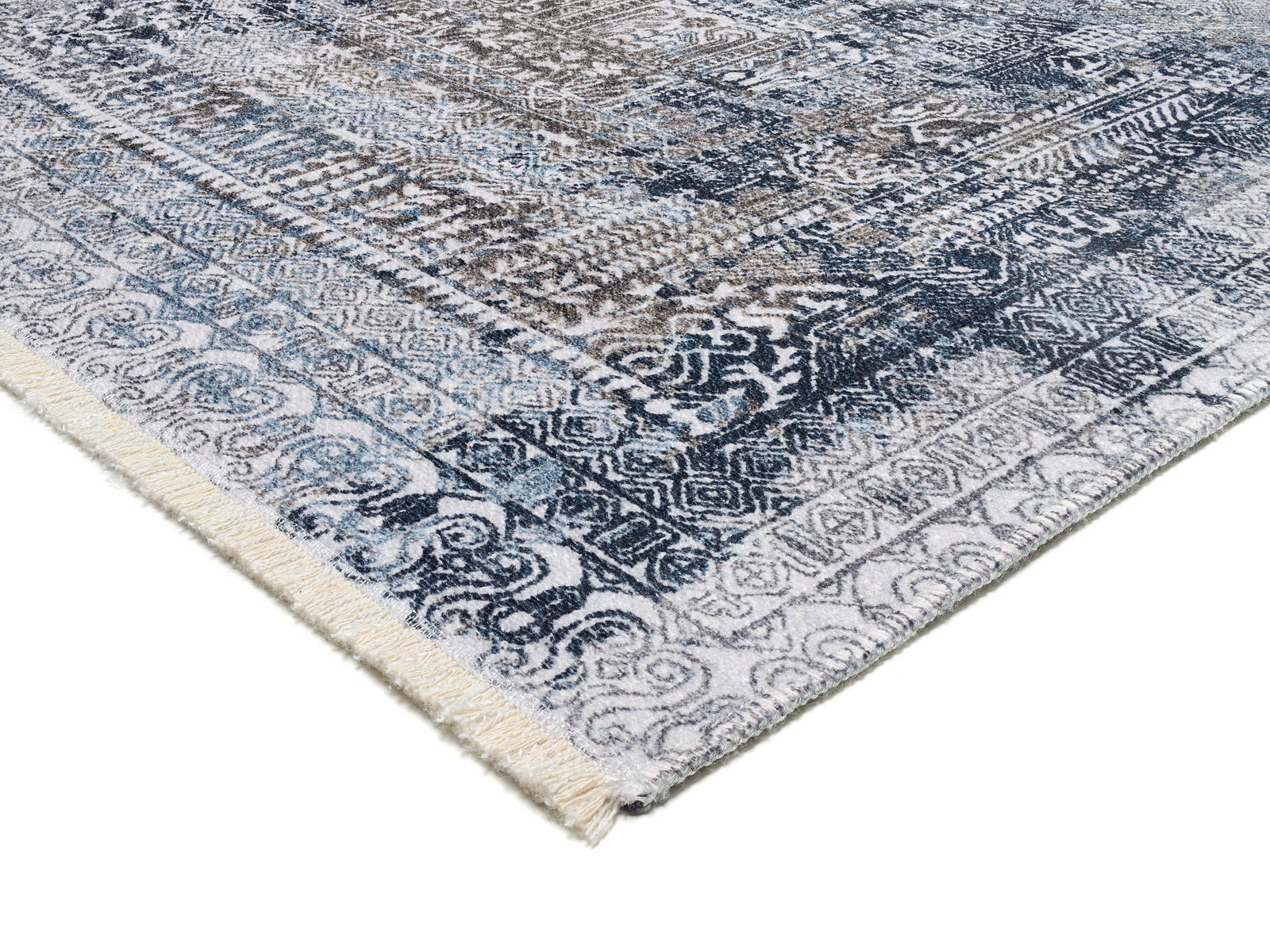 Teppich Vision Yama in Blau- und Brauntönen mit detailliertem Muster, Perspektive von der Ecke