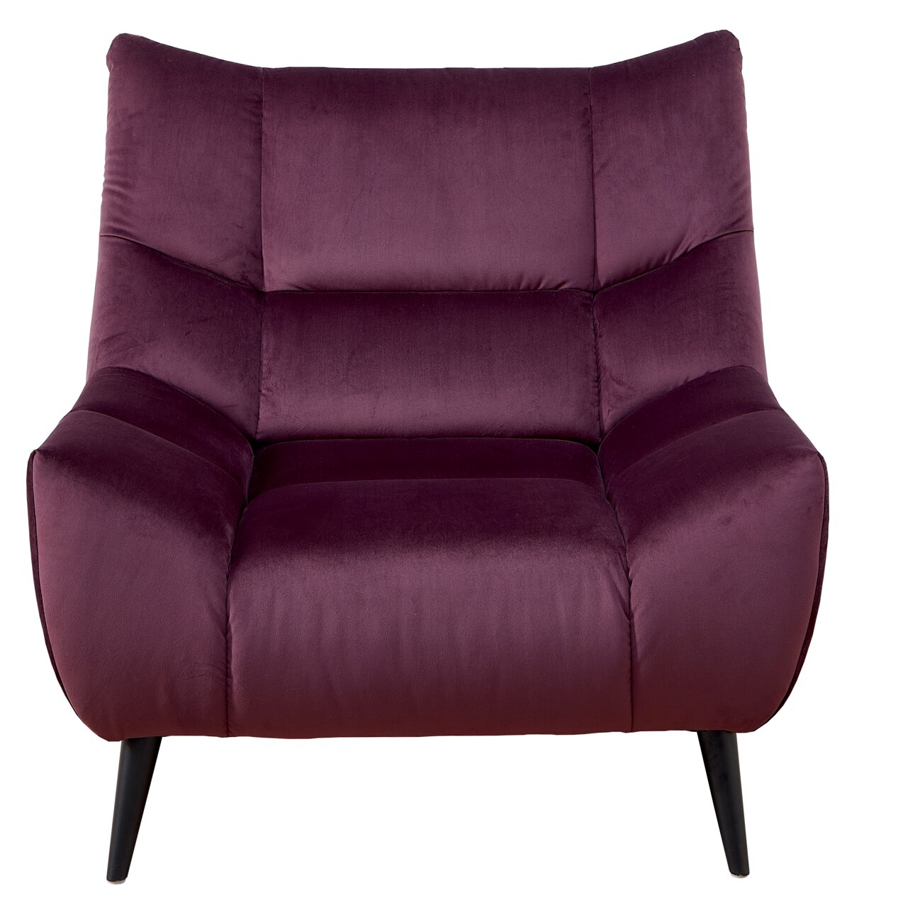 Moderner lila Sessel mit Samtbezug, frontal fotografiert, auf schwarzen Beinen.