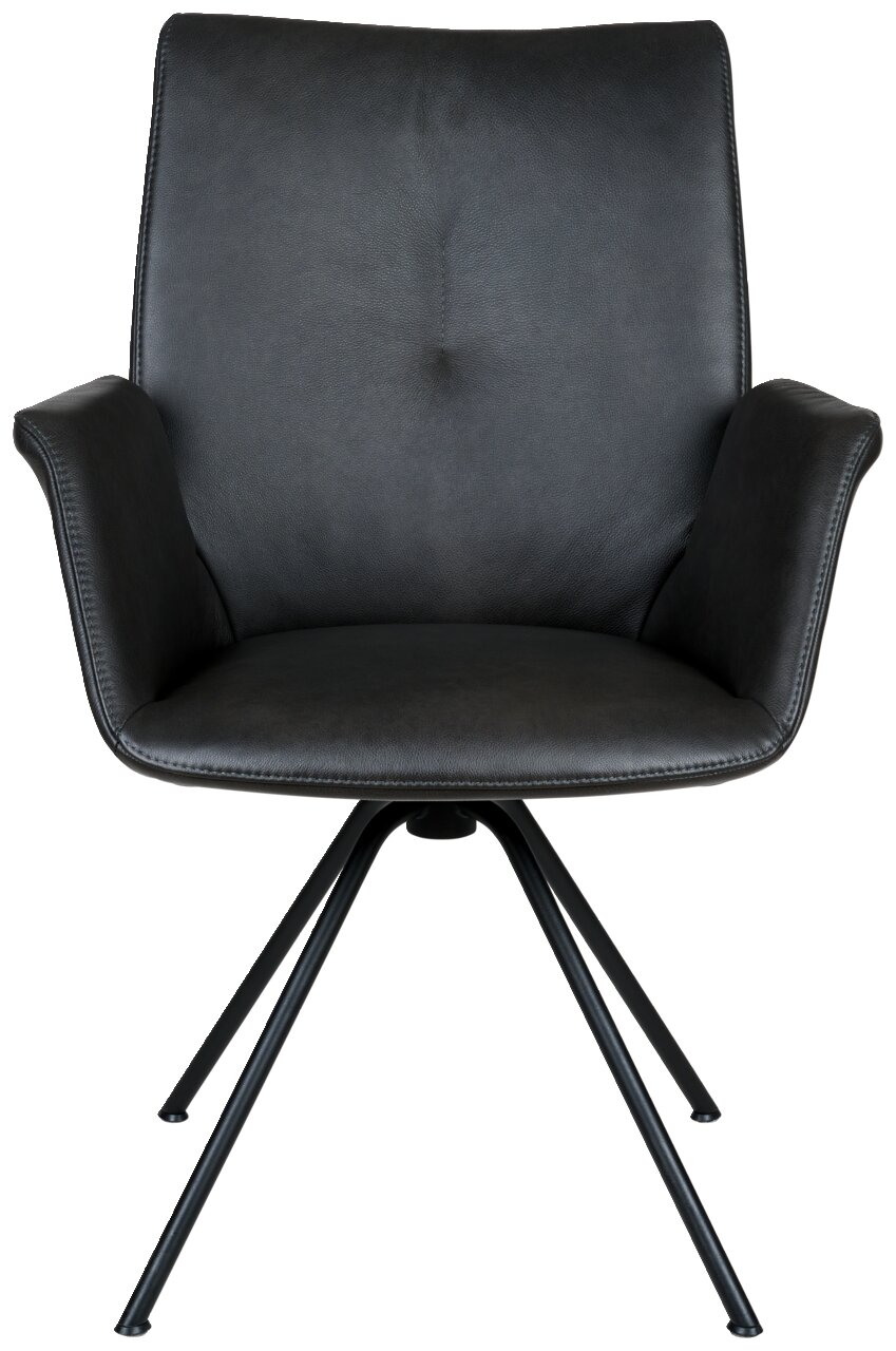 Moderne zwarte fauteuil met armleuningen en metalen poten, vooraanzicht