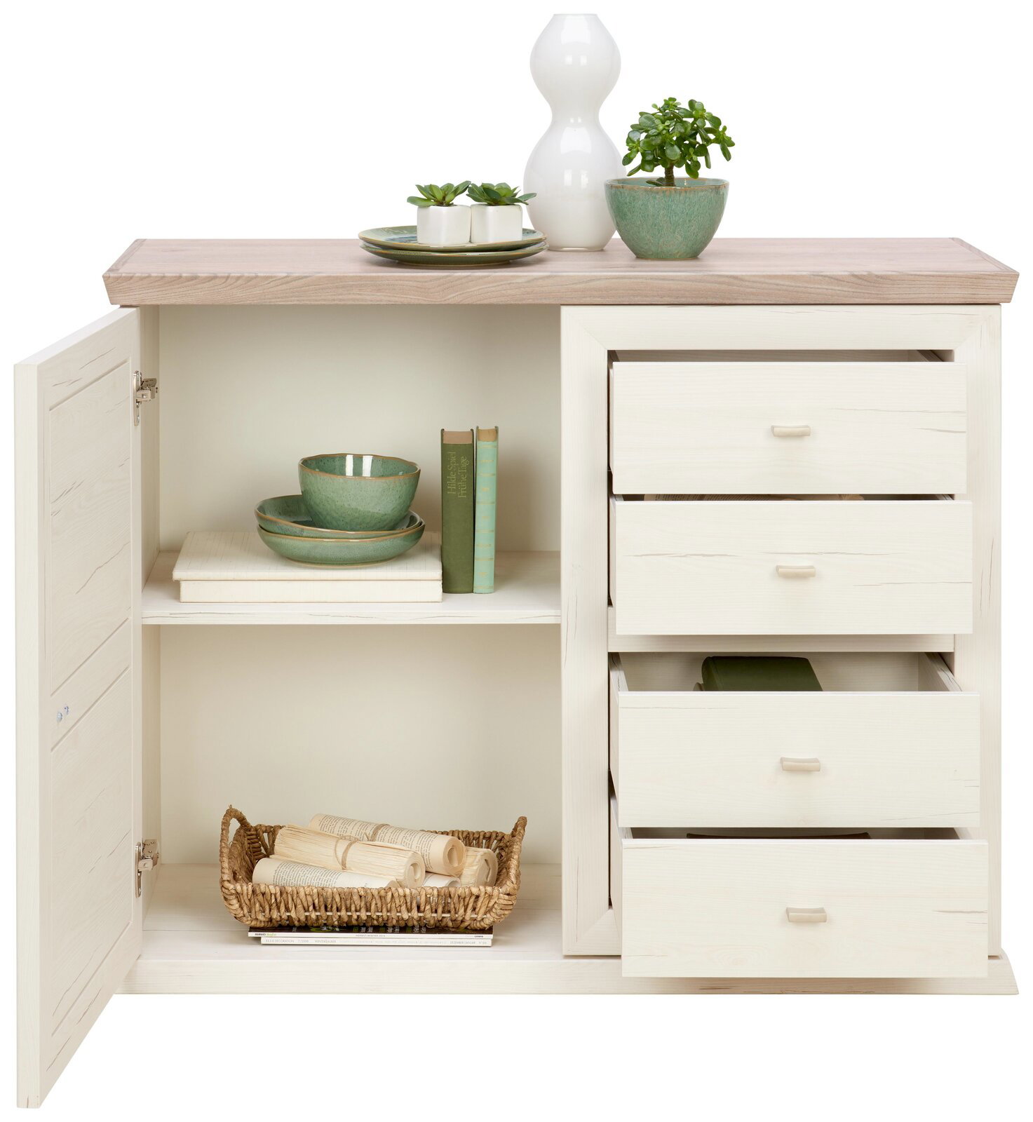 Kommode mit geöffneter Tür und Schubladen, dekoriert mit Geschirr und Pflanzen, Frontalansicht