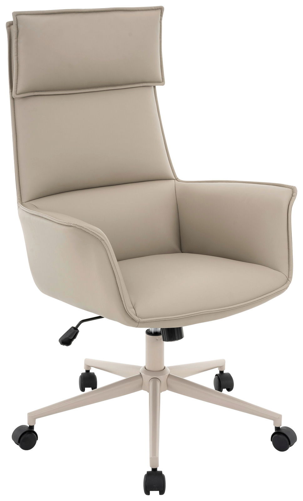 Beiger Chefsessel mit hoher Rückenlehne und Armlehnen, seitliche Perspektive