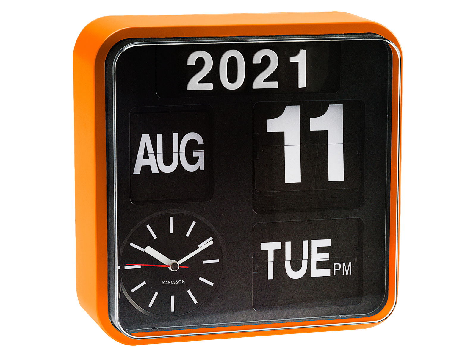 Orangefarbene Mini Flip Wanduhr mit Kalenderfunktion, zeigt das Datum 11. August 2021 und den Wochentag Dienstag an, seitliche Perspektive