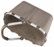 Carrybag in Draufsicht mit Aluminiumrahmen und braunem Stoff, Reißverschlussfach innen sichtbar.