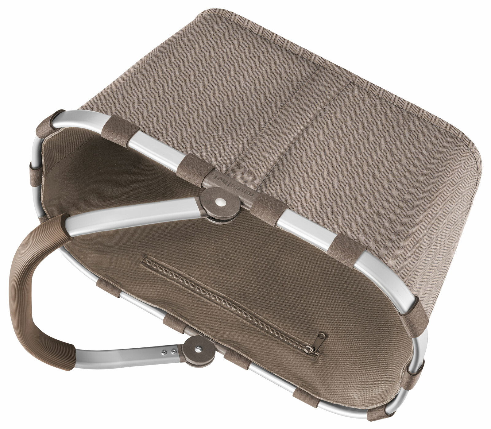 Carrybag in Draufsicht mit Aluminiumrahmen und braunem Stoff, Reißverschlussfach innen sichtbar.