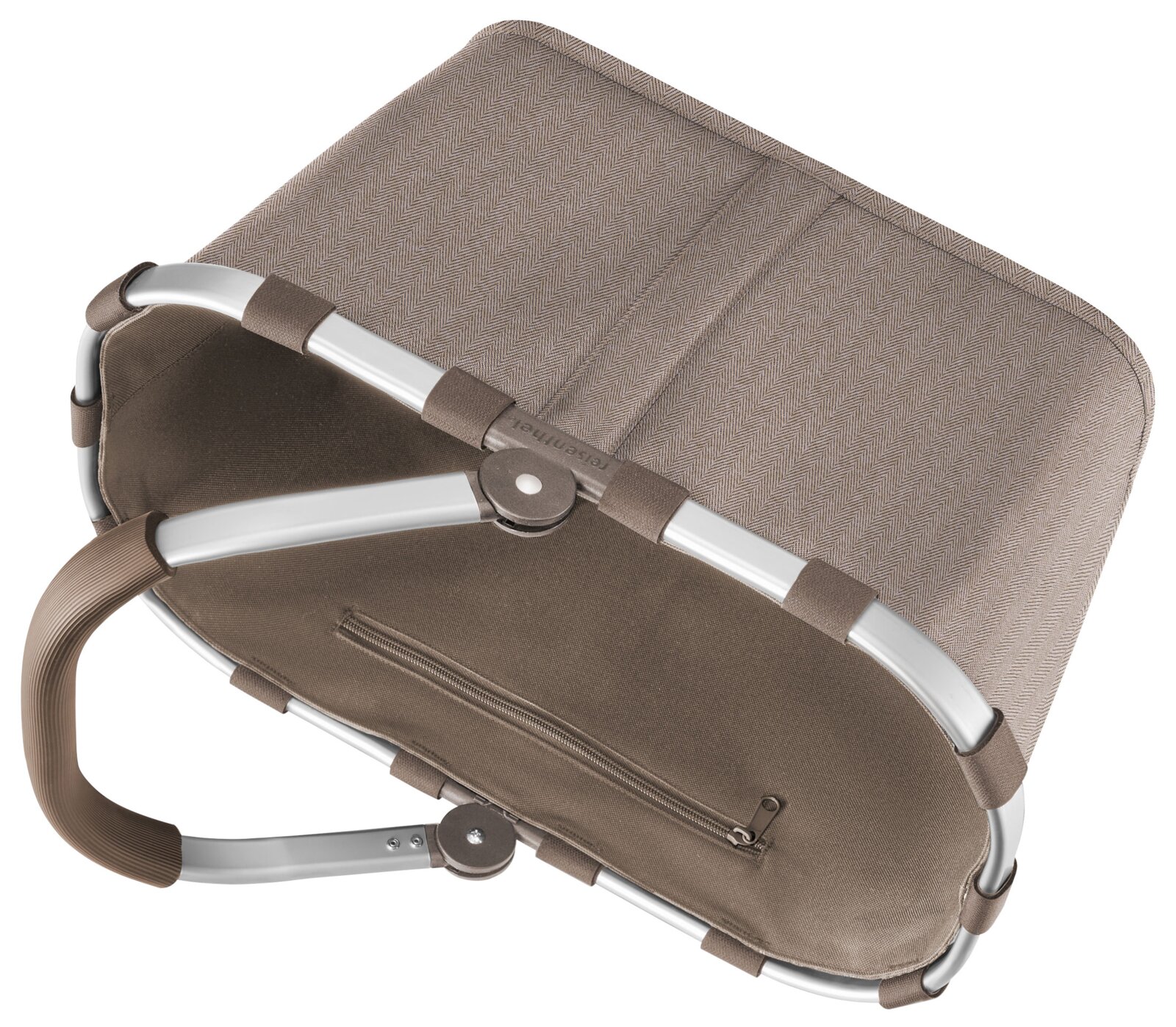 Carrybag in Draufsicht mit Aluminiumrahmen und braunem Stoff, Reißverschlussfach innen sichtbar.