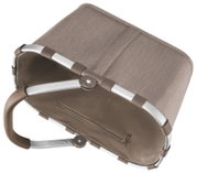 Carrybag in Draufsicht mit Aluminiumrahmen und braunem Stoff, Reißverschlussfach innen sichtbar.