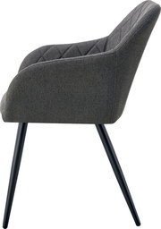 Dunkelgrauer Polsterstuhl mit Armlehnen, rautenförmig gesteppter Rückenlehne und schwarzen Metallbeinen, Seitenansicht von links