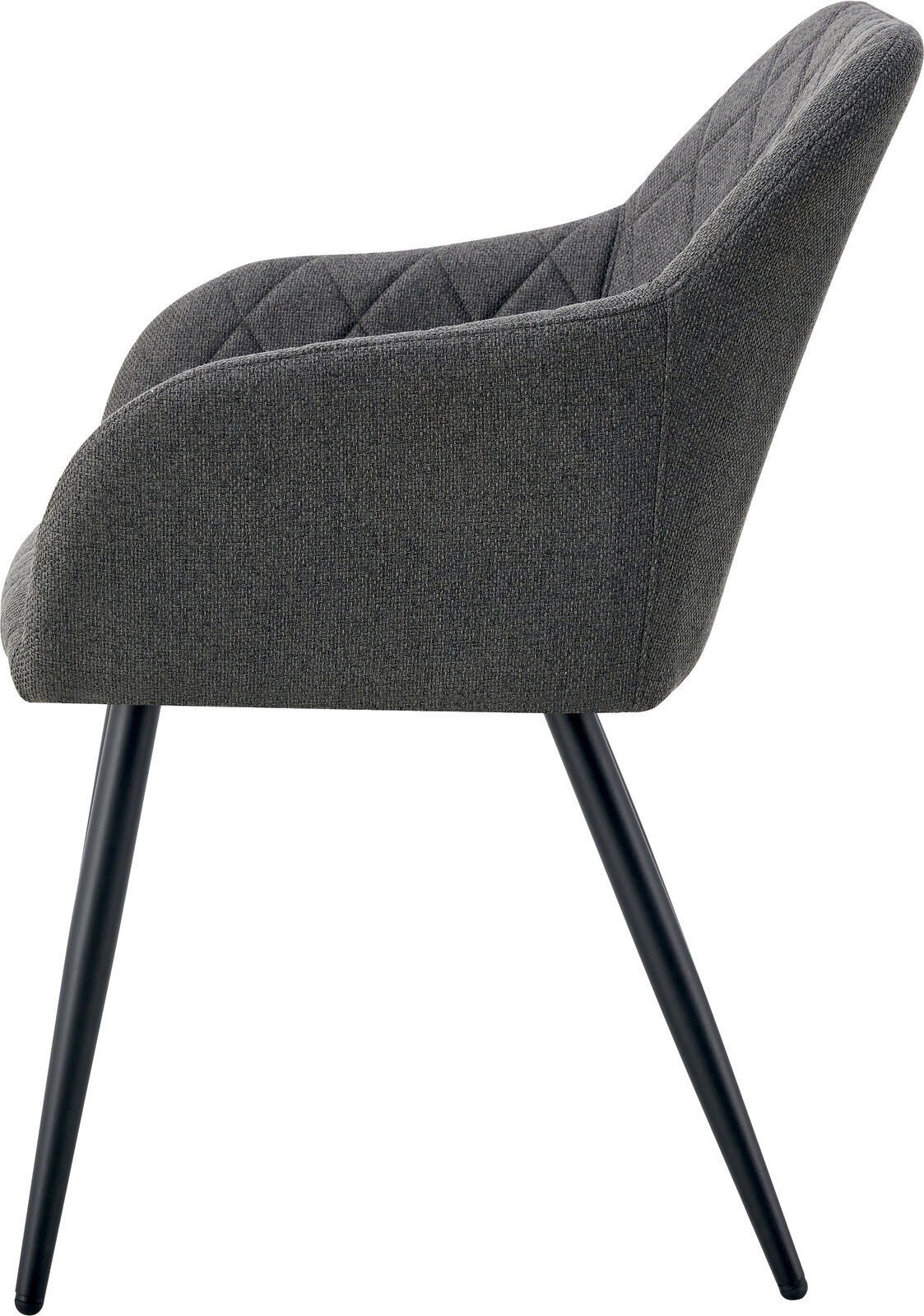 Dunkelgrauer Polsterstuhl mit Armlehnen, rautenförmig gesteppter Rückenlehne und schwarzen Metallbeinen, Seitenansicht von links